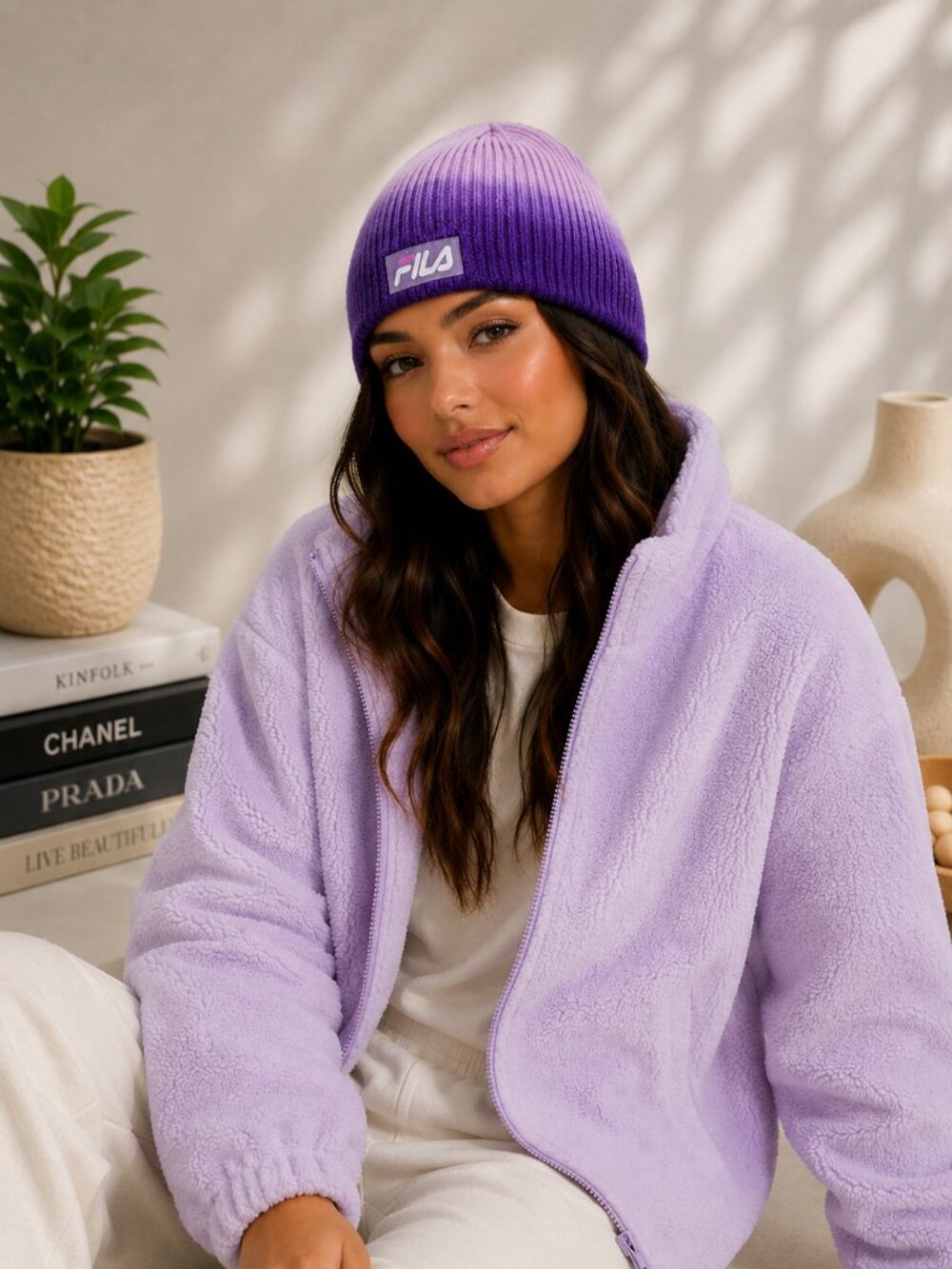 FILA Purple Ombre Skull Cap Beanie OSFM Logo Knit Winter Hat NWT